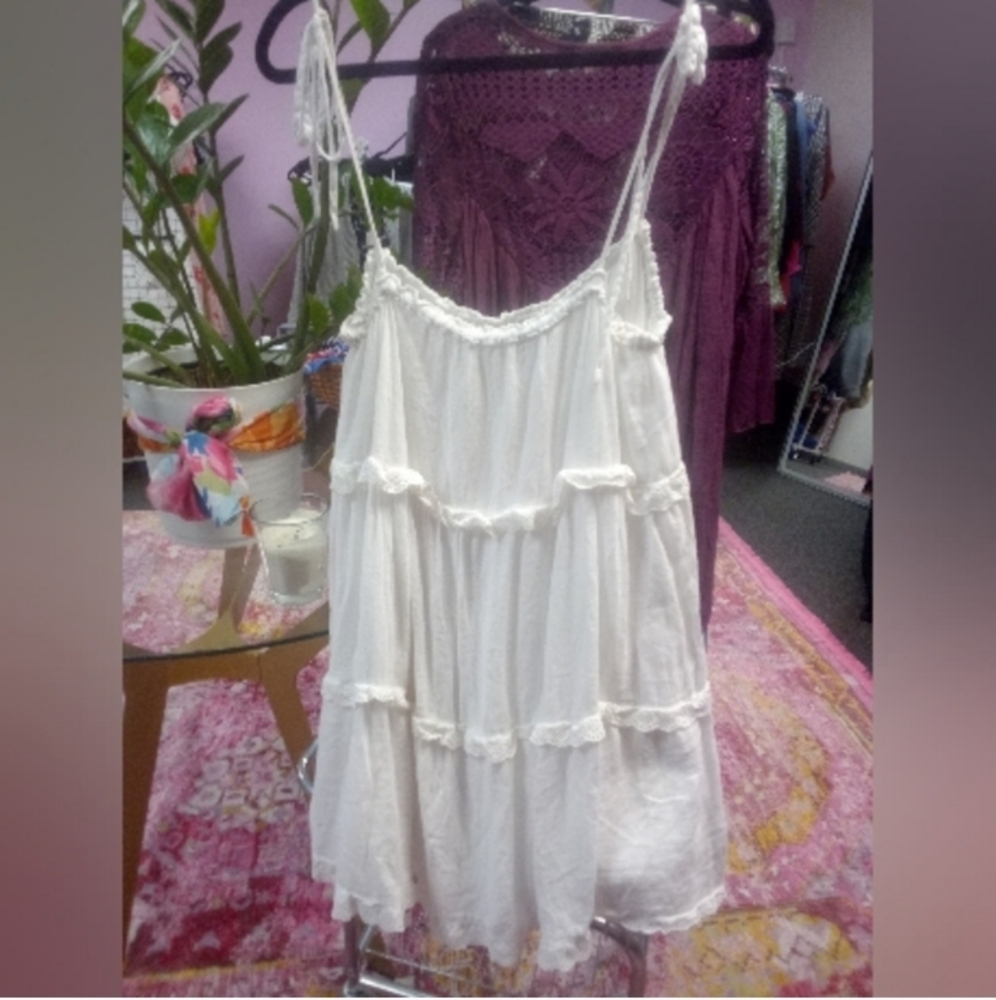 RAILS " Carlyn " White Mini Dress Tie Straps Ruffle Tiered Dress LARGE - Picture 2 of 16